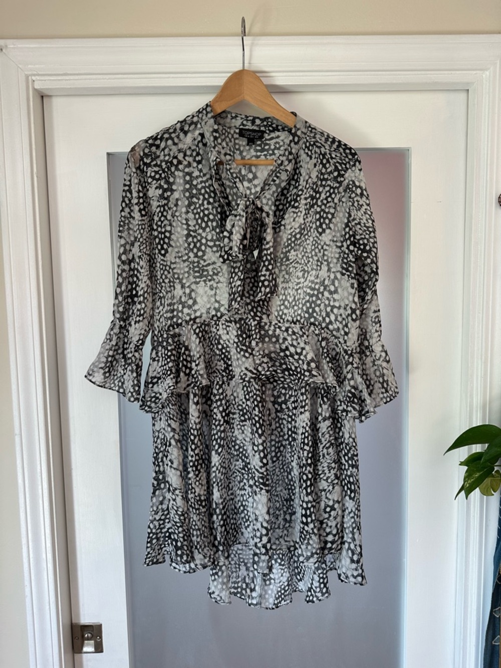 Topshop Black and White Polka Print Tie-Neck Blouse